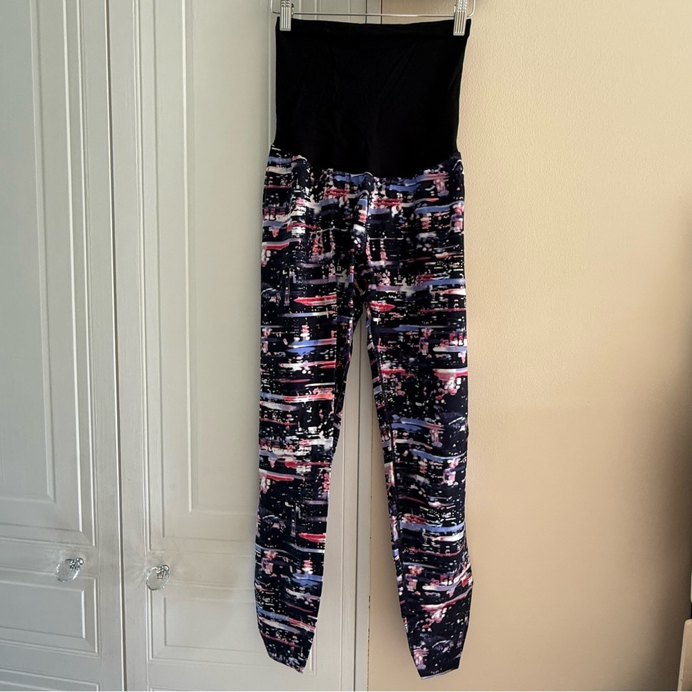Motherhood Maternity Pants Sz L Black Purple Retro Print Stretch PullOn Leggings